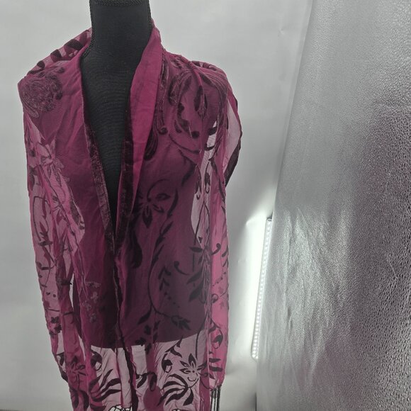 INC Burgundy Wine Sheer Velvet Floral Burnout Whimsigoth Tassel Scarf One Size - Picture 2 of 12